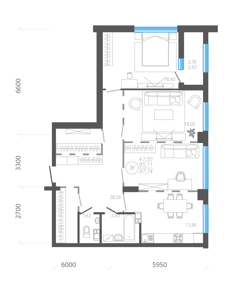 трехкомнатная квартира 98 м планировка Mod house
